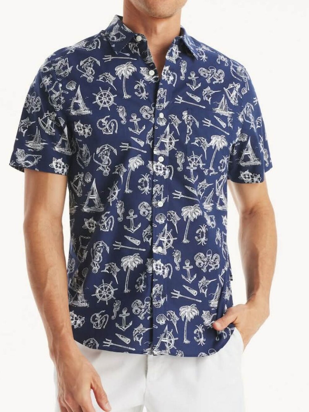Nautica Men's XXL Classic Fit Printed Short Sleeve Shirt Stretch Cotton Blend